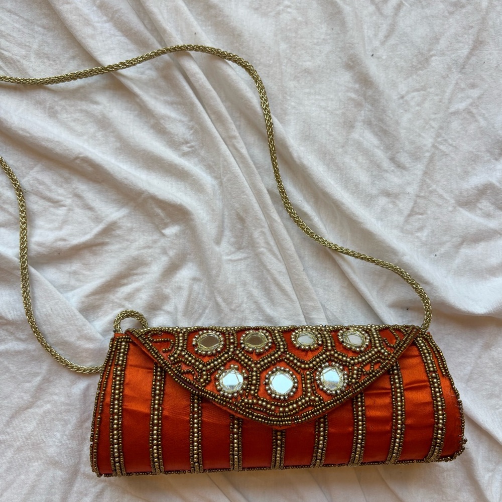 vintage rounded oval shape Elegant Orange Beaded iridescent mirror purse bag